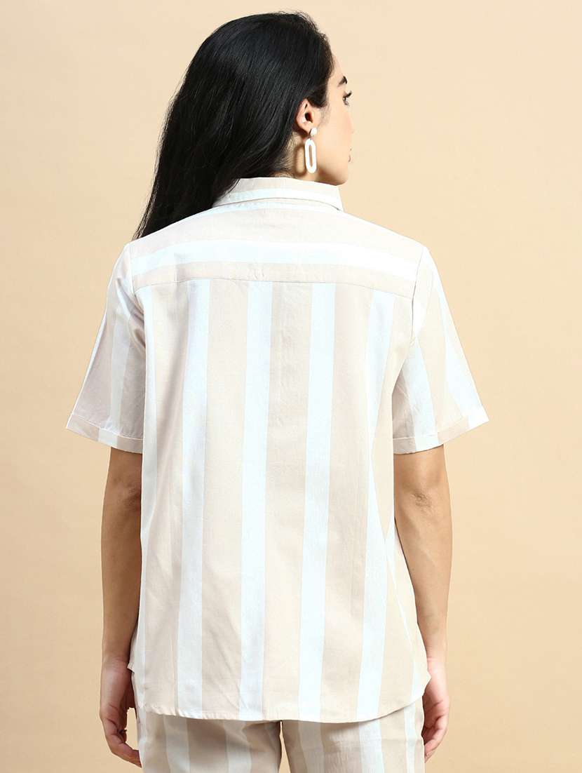 women striped collared short sleeves shirt - 21930438 - Standard Image - 3
