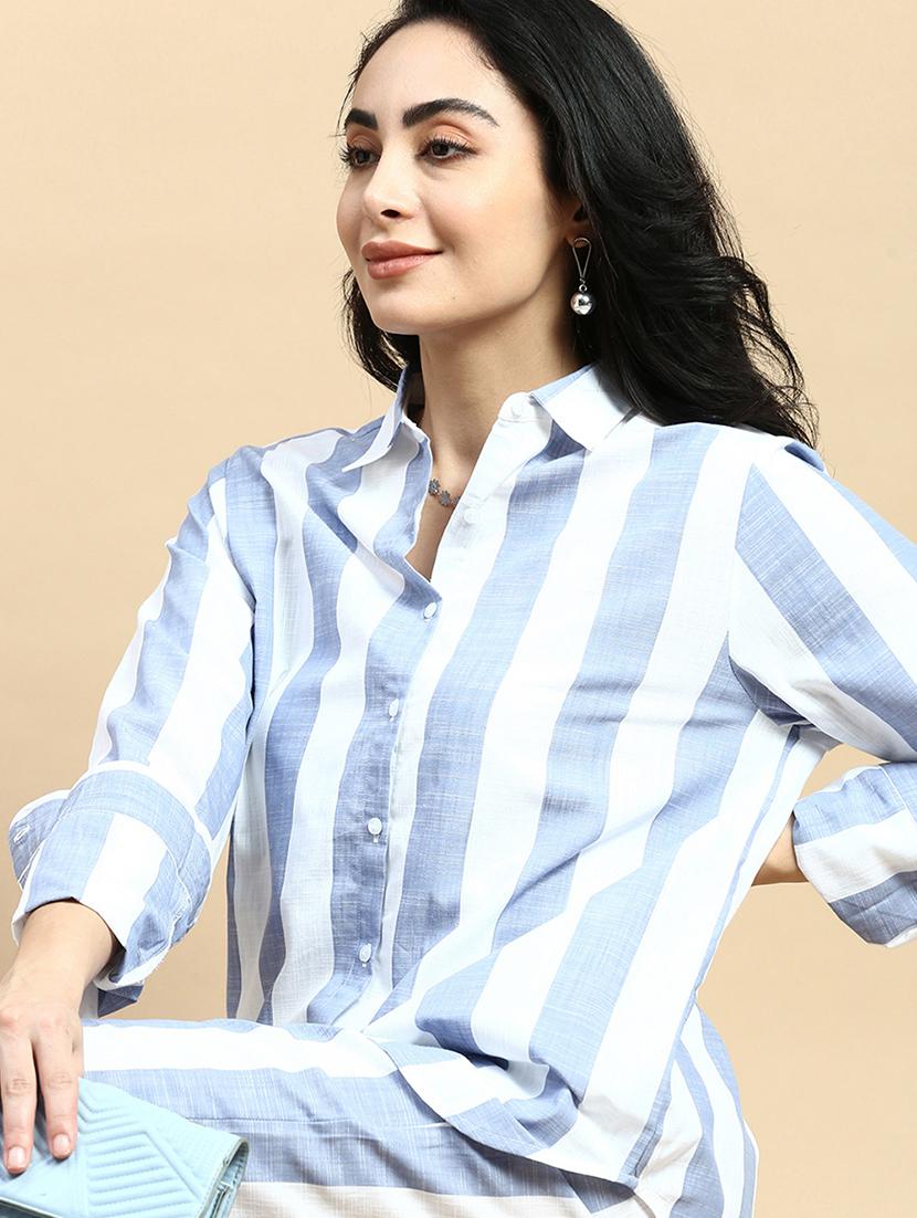 women striped collared long sleeves shirt - 21930439 - Standard Image - 3