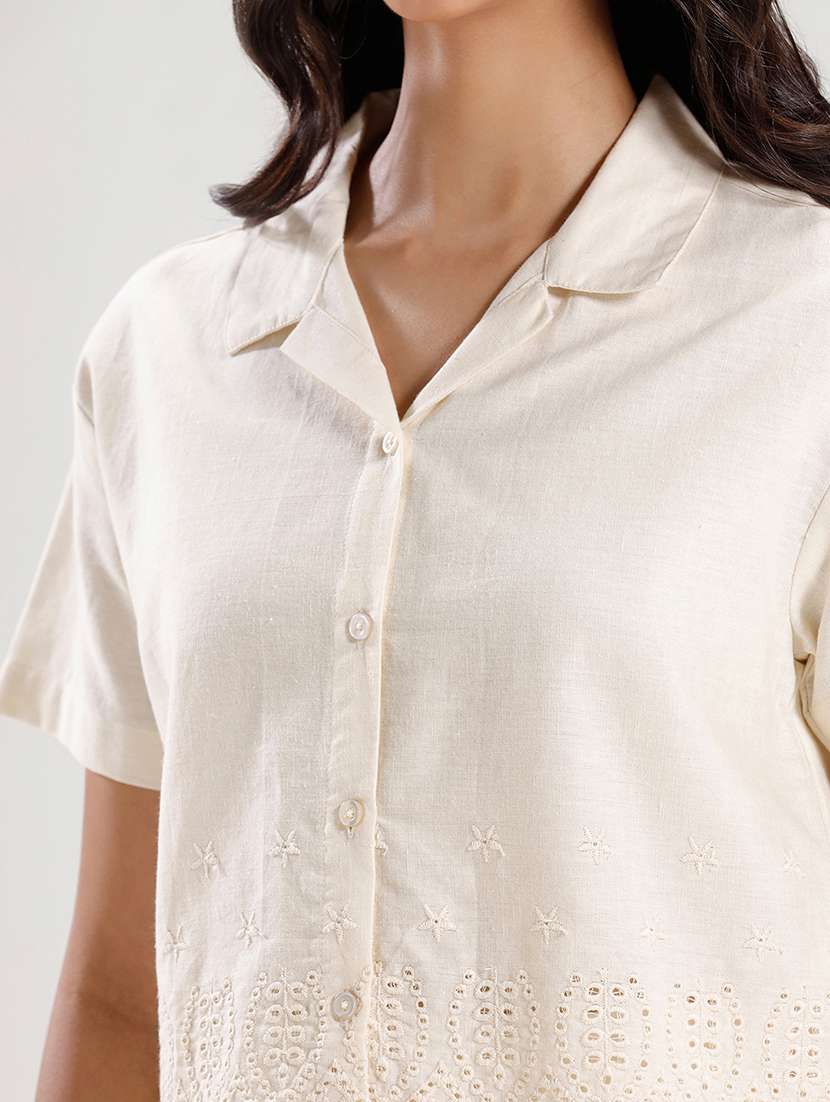 women cuban collared crop schiffli shirt - 21930440 -  Standard Image - 3