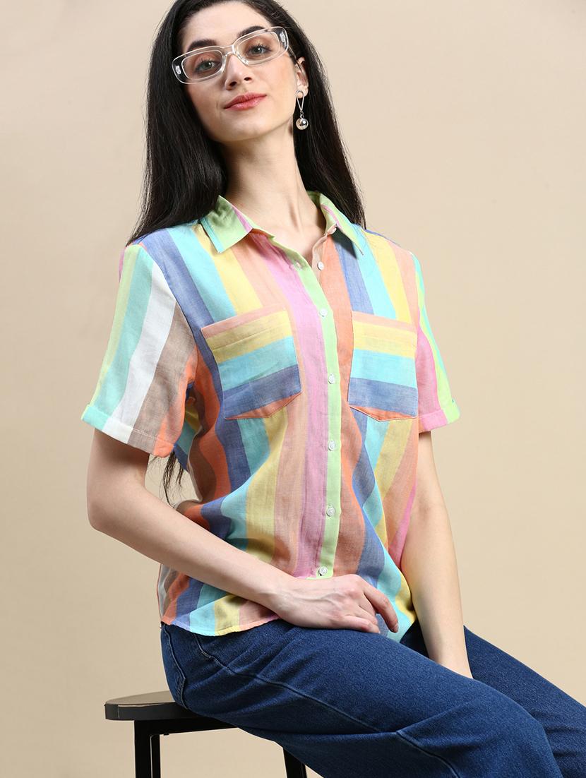 women striped collared short sleeves shirt - 21930445 - Zoom Image - 0