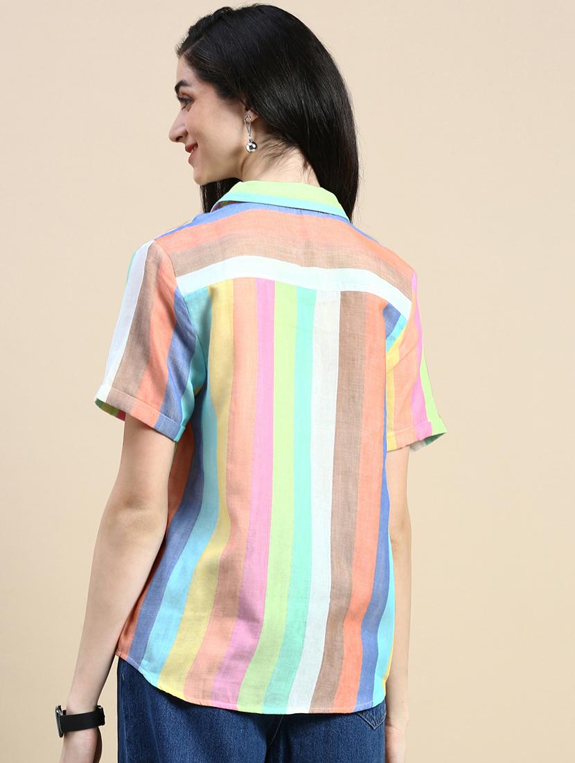 women striped collared short sleeves shirt - 21930445 - Standard Image - 3