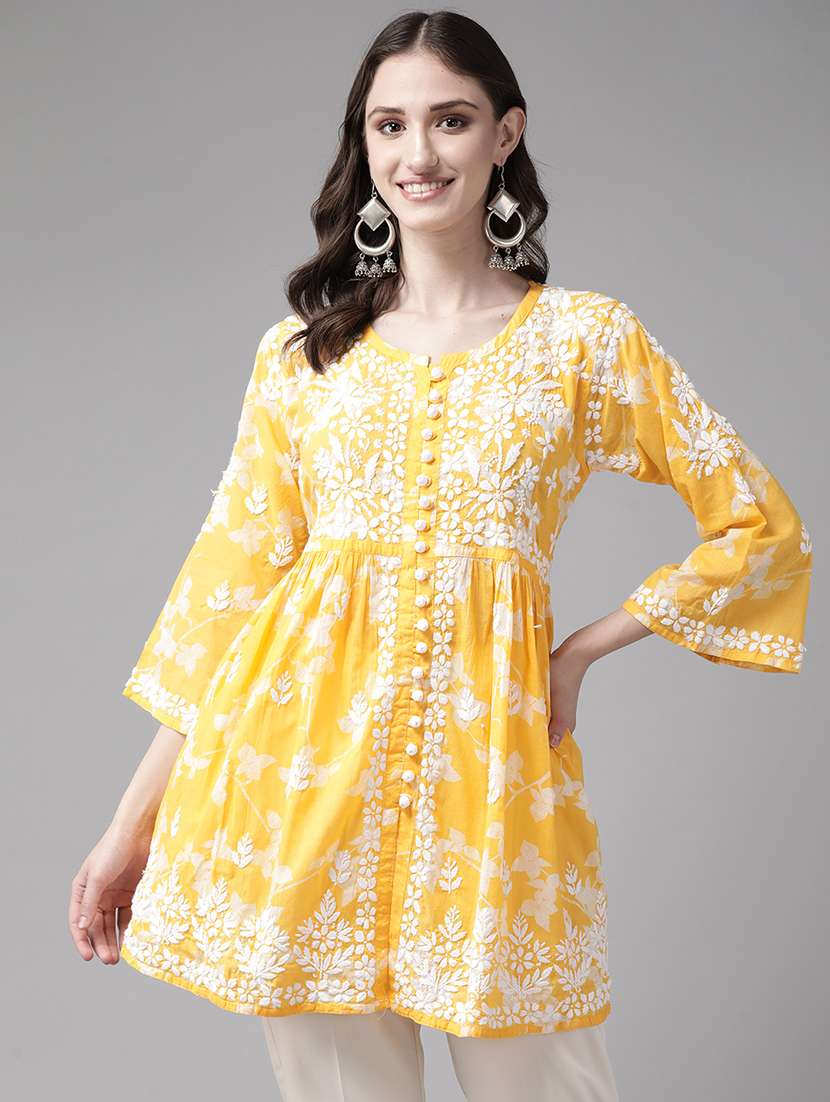 women floral printed three quarter sleeve chikankari kurti