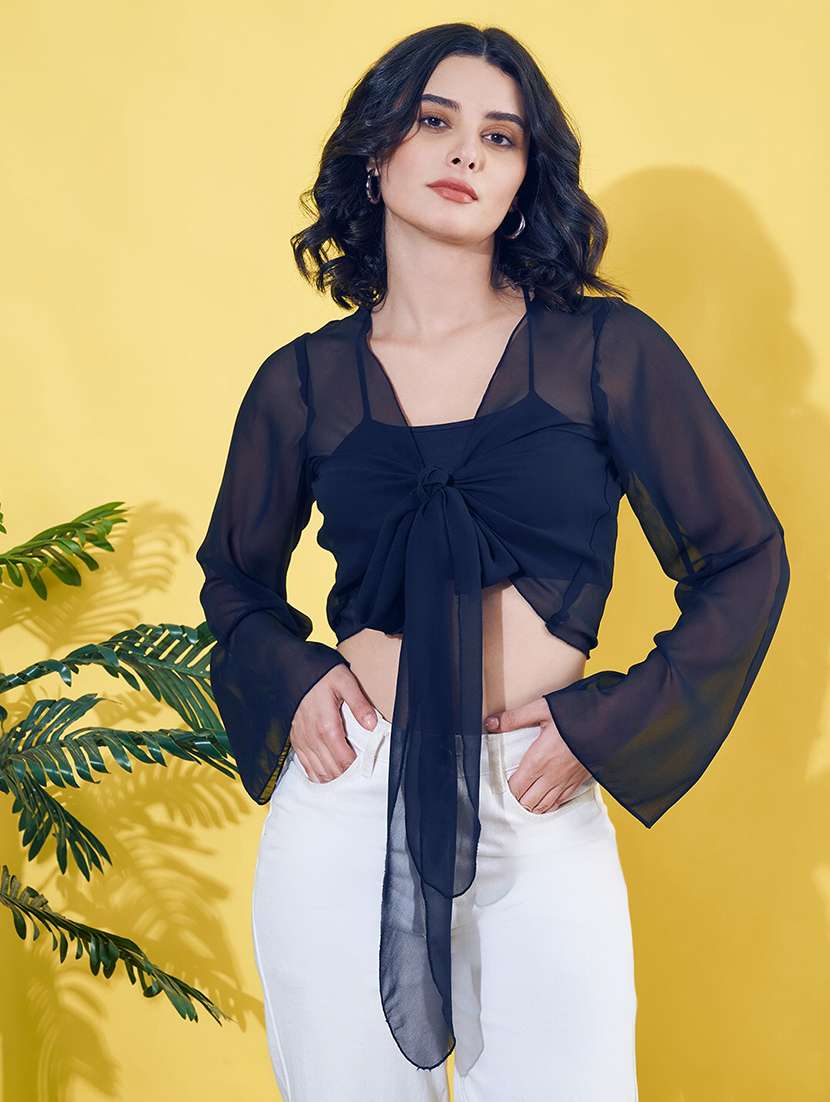 women navy blue solid bell sleeve crop shrug