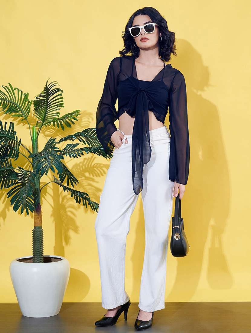 women navy blue solid bell sleeve crop shrug - 21930667 -  Standard Image - 5