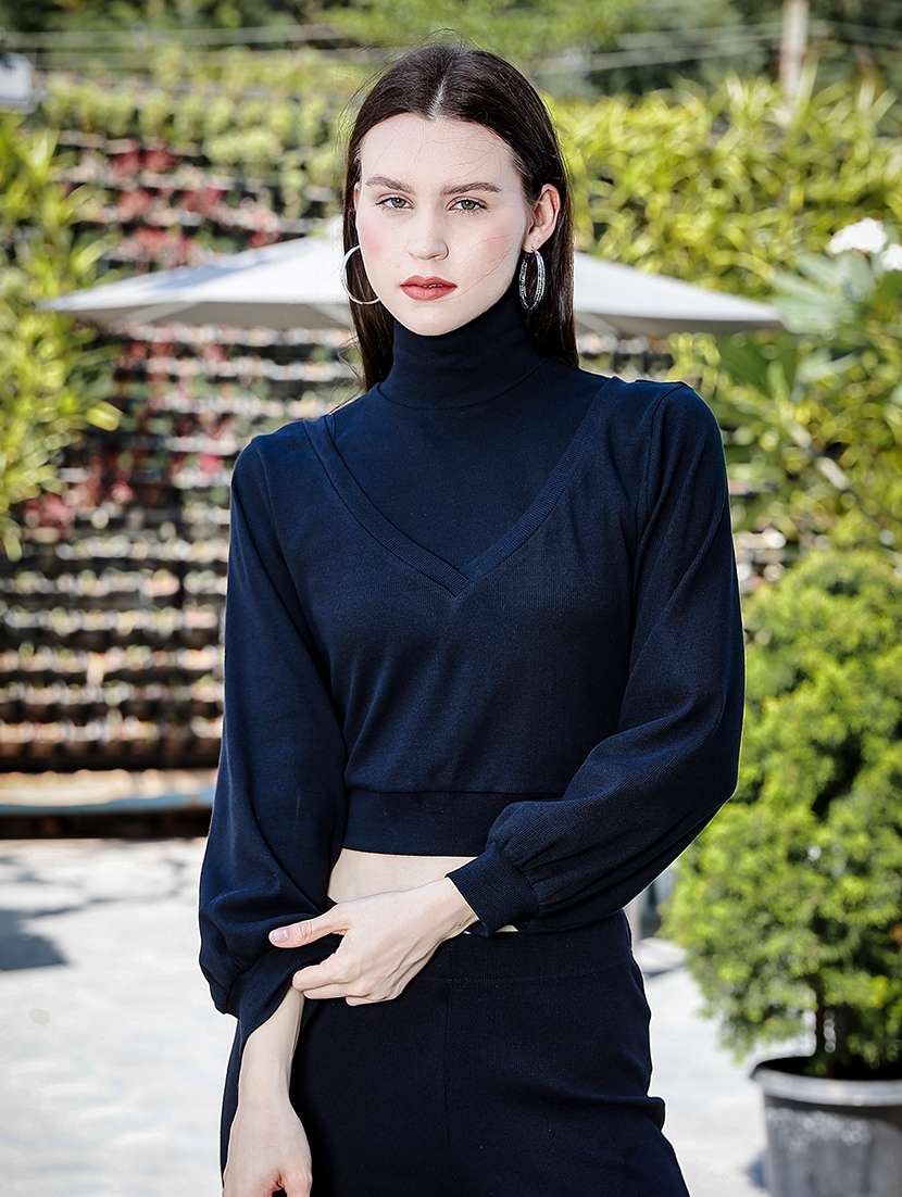 women's 3-in-1 versatile crop top with high neck inner & full sleeve outer - 21930745 -  Zoom Image - 0