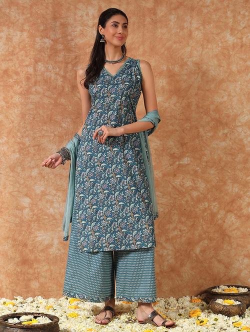 women floral printed sleeveless kurta palazzo with dupatta set - 21930997 - Standard Image - 0