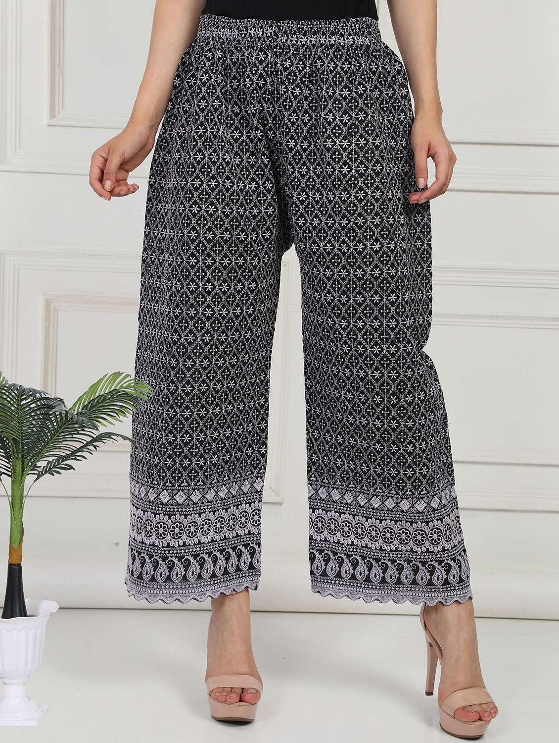 women embroidered mid rise straight palazzo