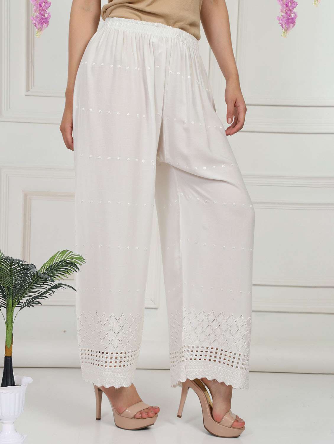 women embroidered mid rise flared palazzo