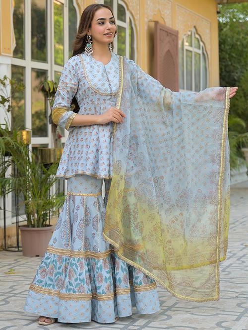 women three quarter sleeve kurta sharara with dupatta set - 21931194 -  Standard Image - 0