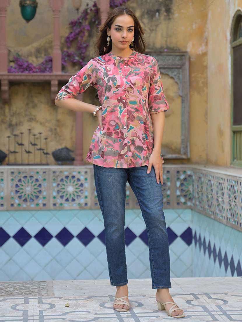 women pink printed mandarin neck a-line tunic - 21931203 - Standard Image - 3