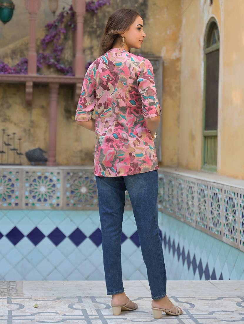women pink printed mandarin neck a-line tunic - 21931203 - Standard Image - 5