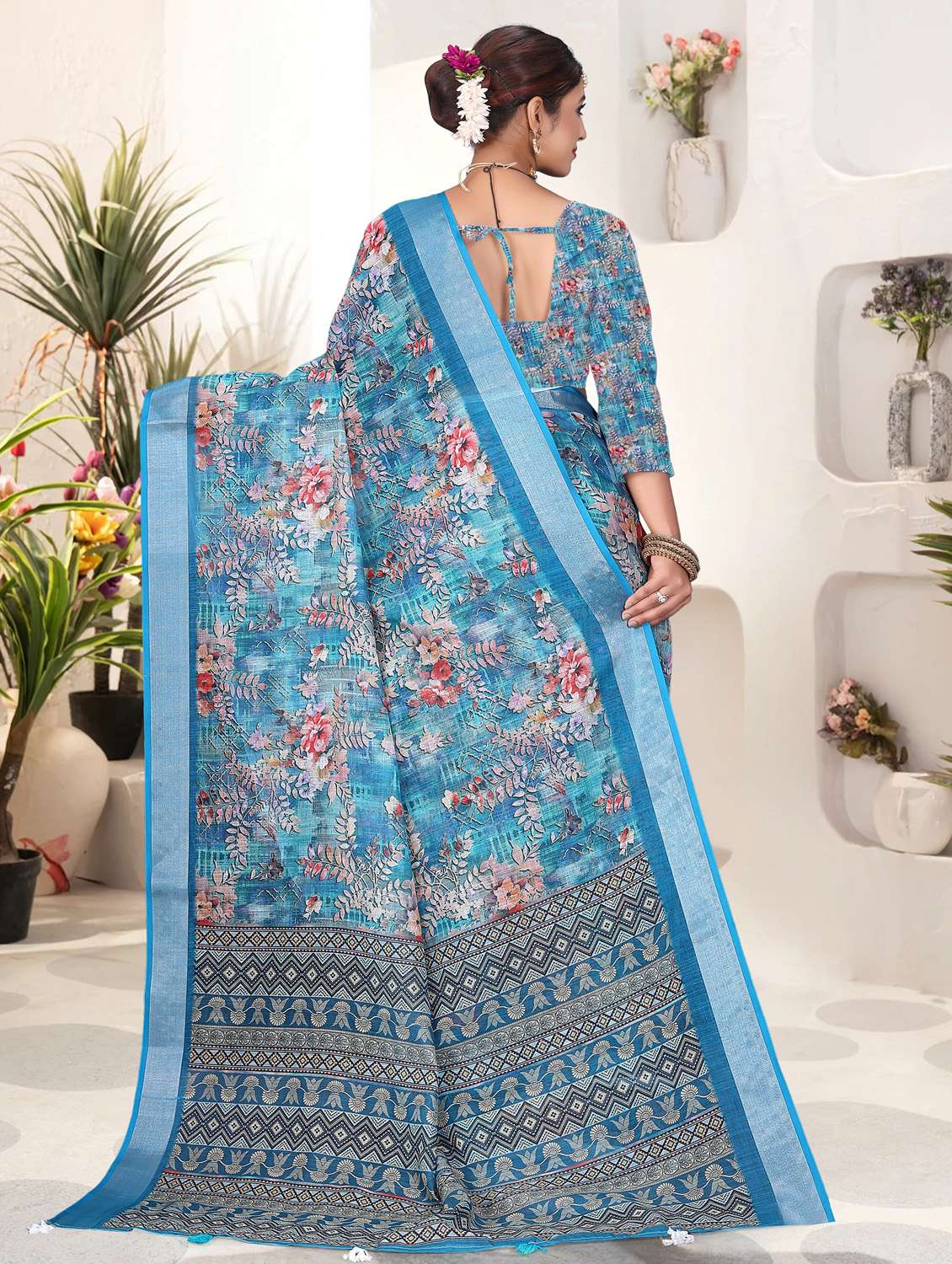 women blue printed saree with blouse - 21931205 -  Standard Image - 3