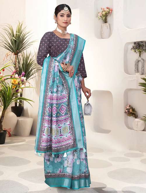 blue art silk printed saree with blouse - 21931207 - Standard Image - 0
