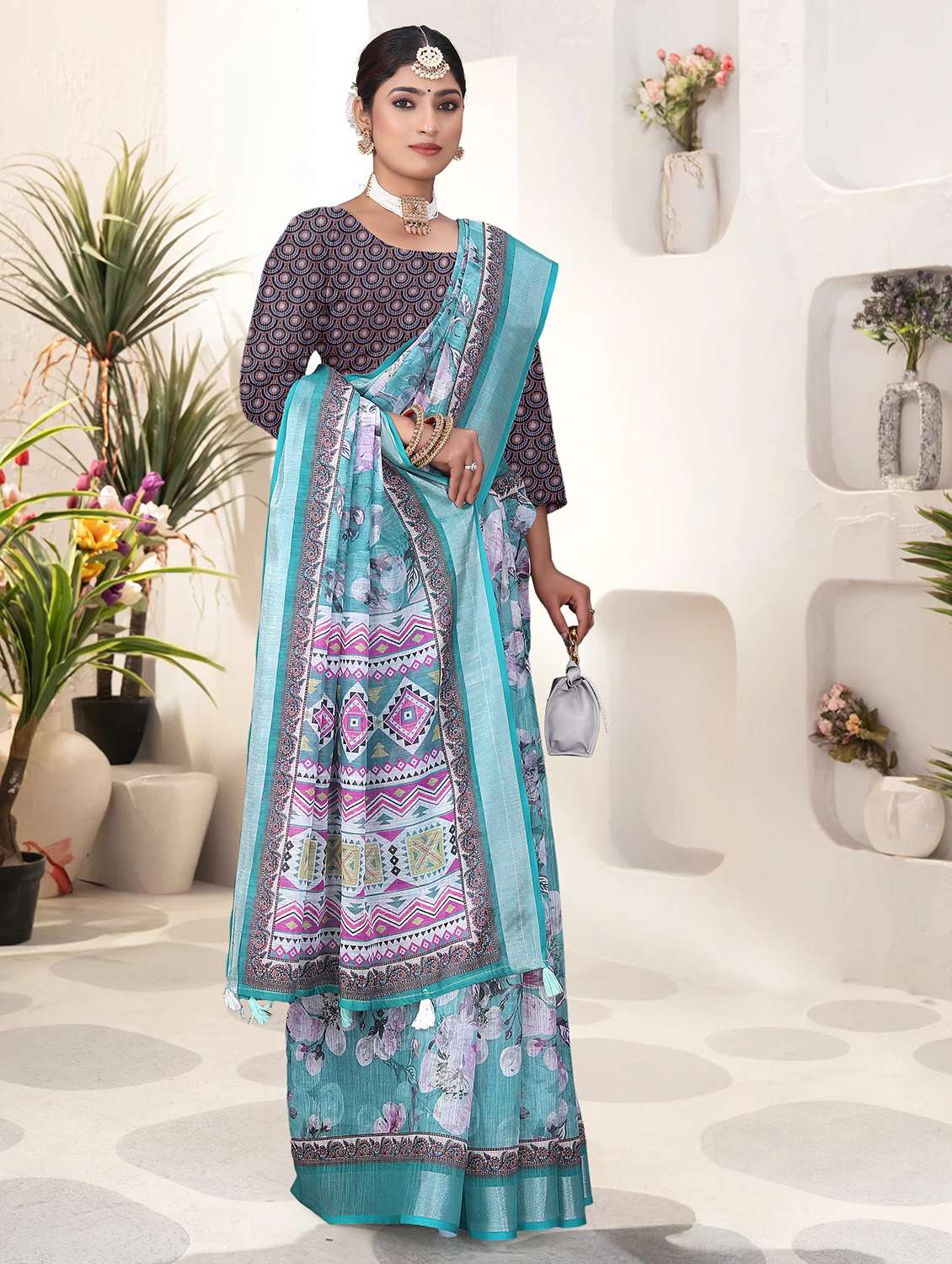 blue art silk printed saree with blouse - 21931207 - Zoom Image - 0