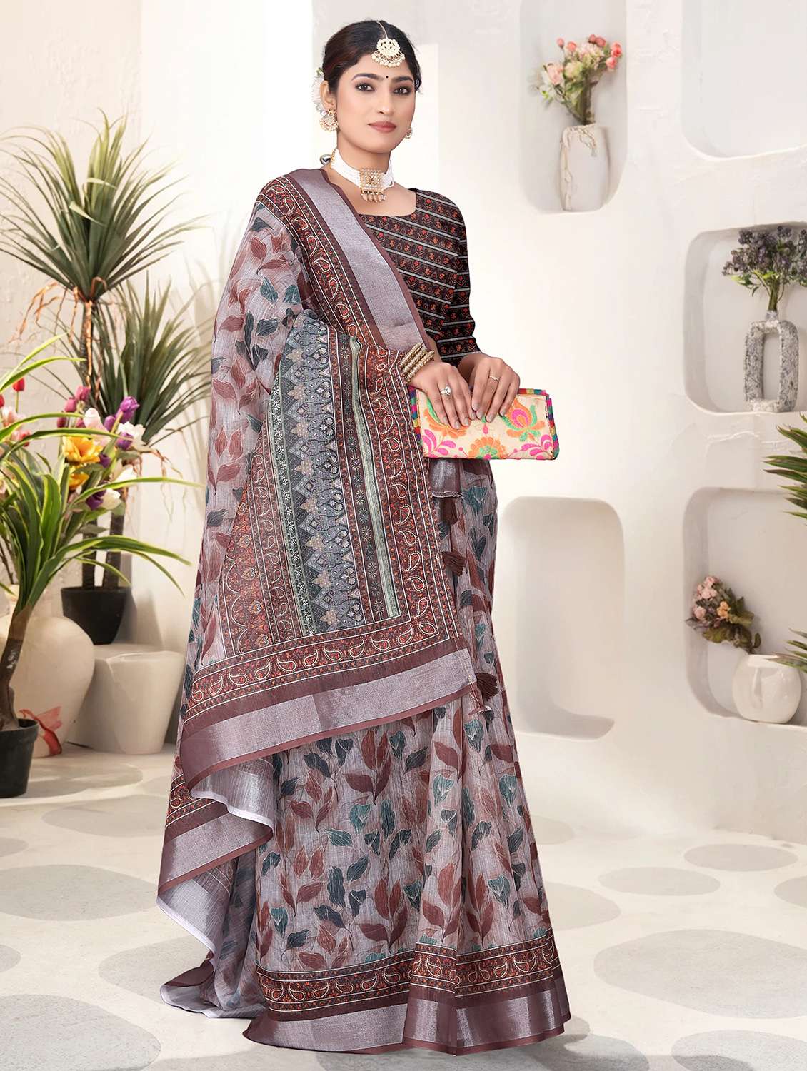 brown linen printed saree with blouse - 21931211 - Zoom Image - 0