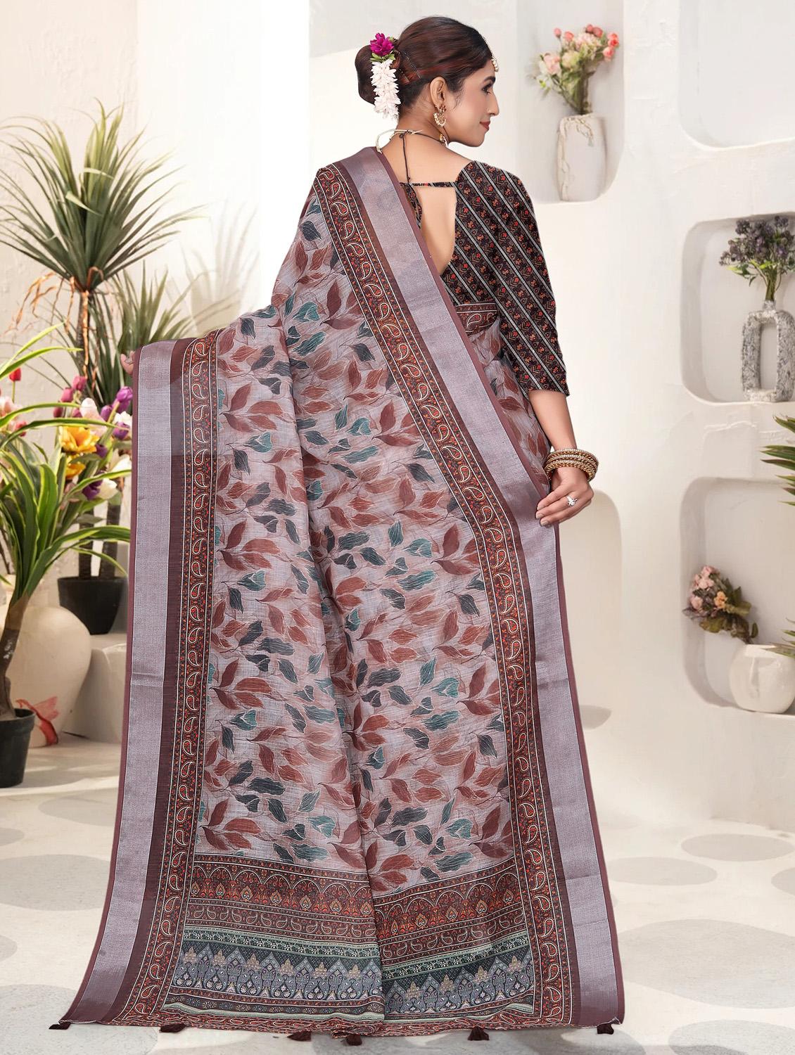 brown linen printed saree with blouse - 21931211 - Standard Image - 3