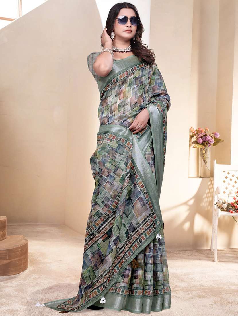 women green printed saree with blouse - 21931228 - Zoom Image - 0