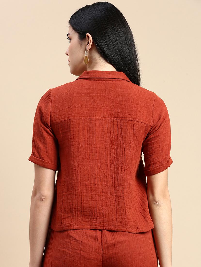 women solid cuban collared crop shirt - 21931248 - Standard Image - 3