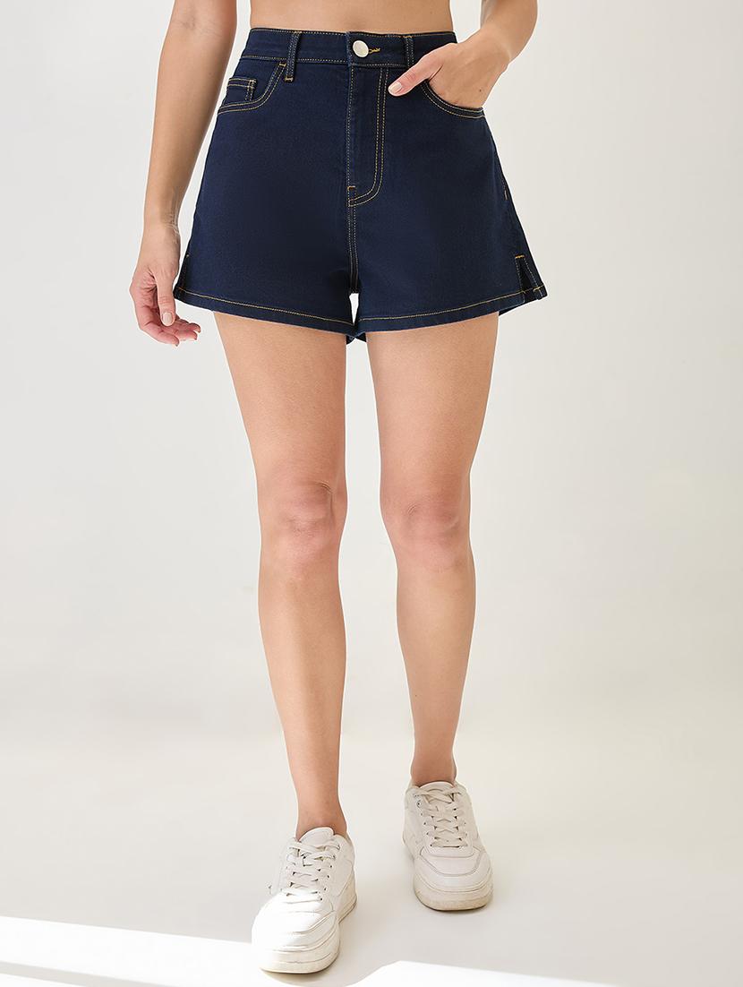 women solid high rise denim short - 21931257 - Zoom Image - 0