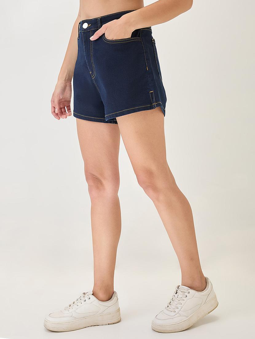 women solid high rise denim short - 21931257 - Standard Image - 3