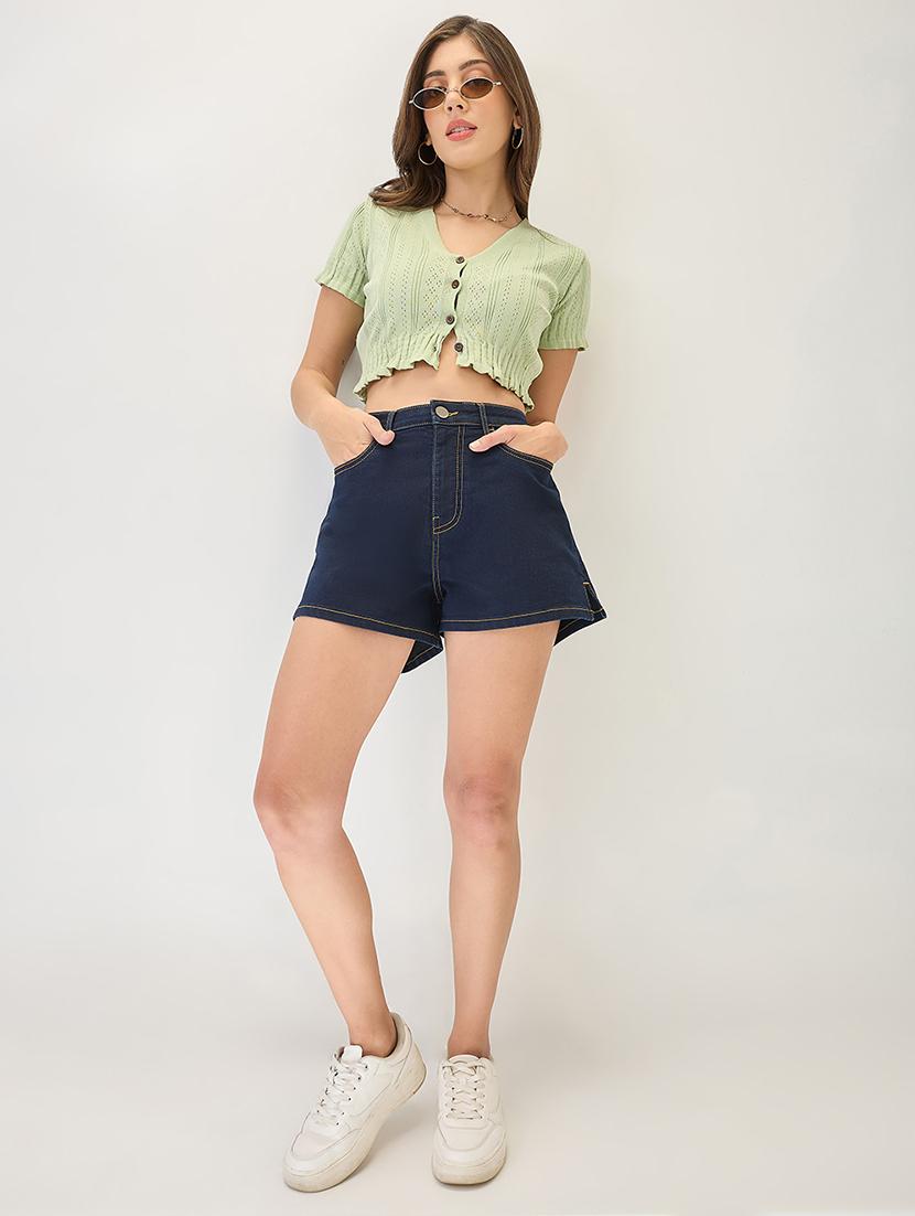 women solid high rise denim short - 21931257 - Standard Image - 5
