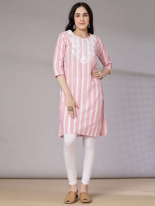 women striped three quarter sleeve straight kurta - 21931313 -  Standard Image - 0