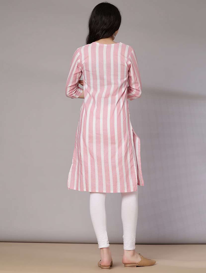 women striped three quarter sleeve straight kurta - 21931313 -  Standard Image - 3