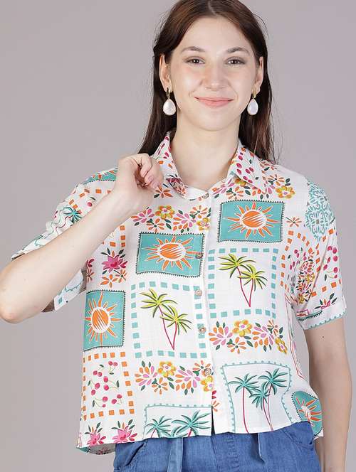 women printed collared short sleeve shirt - 21931319 - Standard Image - 0