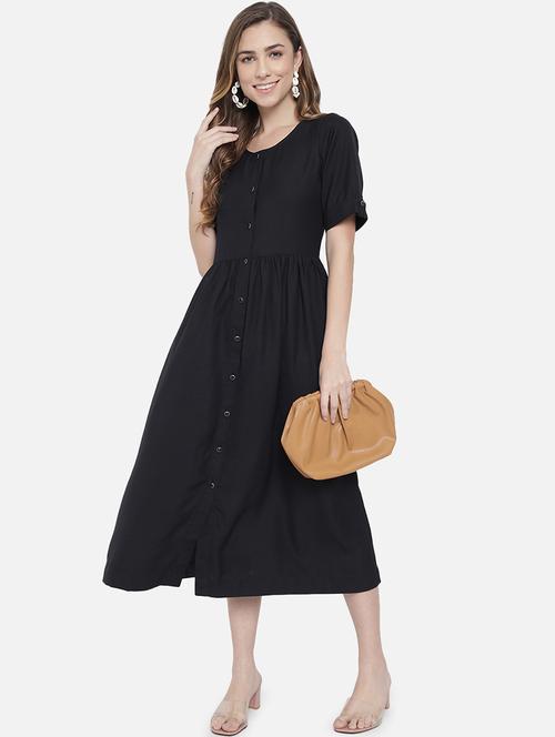 women black solid short sleeve a-line dress - 21931434 -  Standard Image - 0