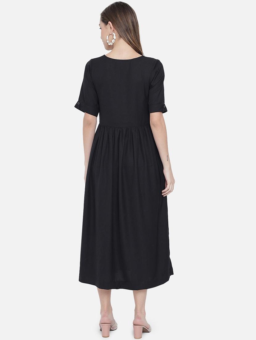 women black solid short sleeve a-line dress - 21931434 - Standard Image - 3