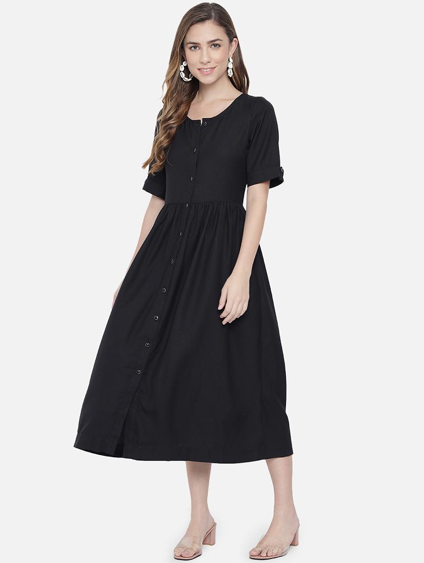 women black solid short sleeve a-line dress - 21931434 - Standard Image - 5