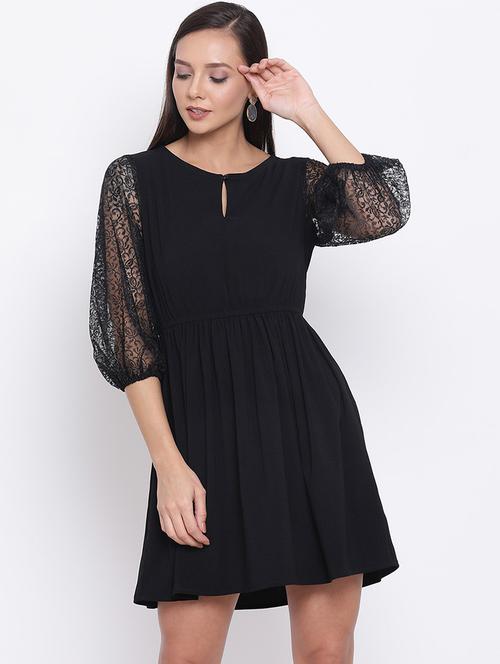 women solid puff sleeve laec fit & flared dress - 21931437 -  Standard Image - 0