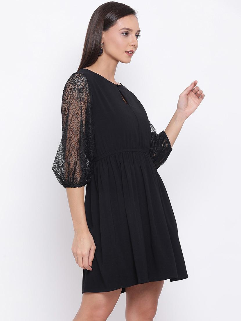 women solid puff sleeve laec fit & flared dress - 21931437 - Standard Image - 3