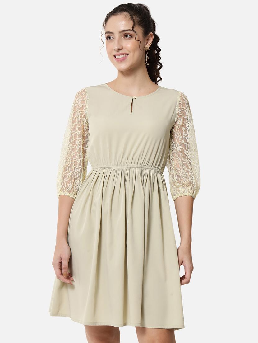 women solid puff sleeve lace fit and flared dress - 21931438 - Zoom Image - 0