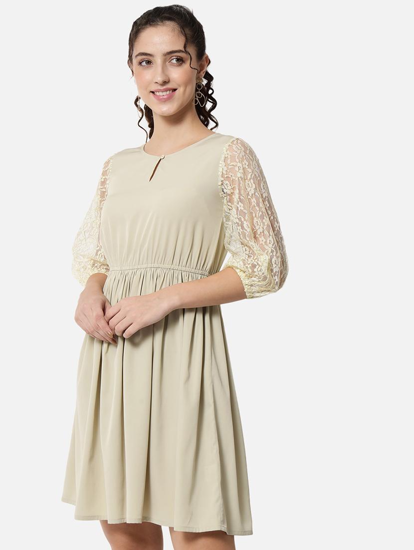 women solid puff sleeve lace fit and flared dress - 21931438 - Standard Image - 3