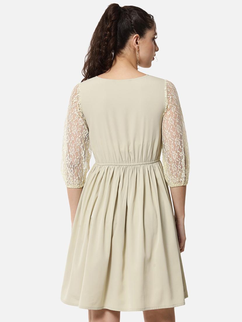 women solid puff sleeve lace fit and flared dress - 21931438 - Standard Image - 5