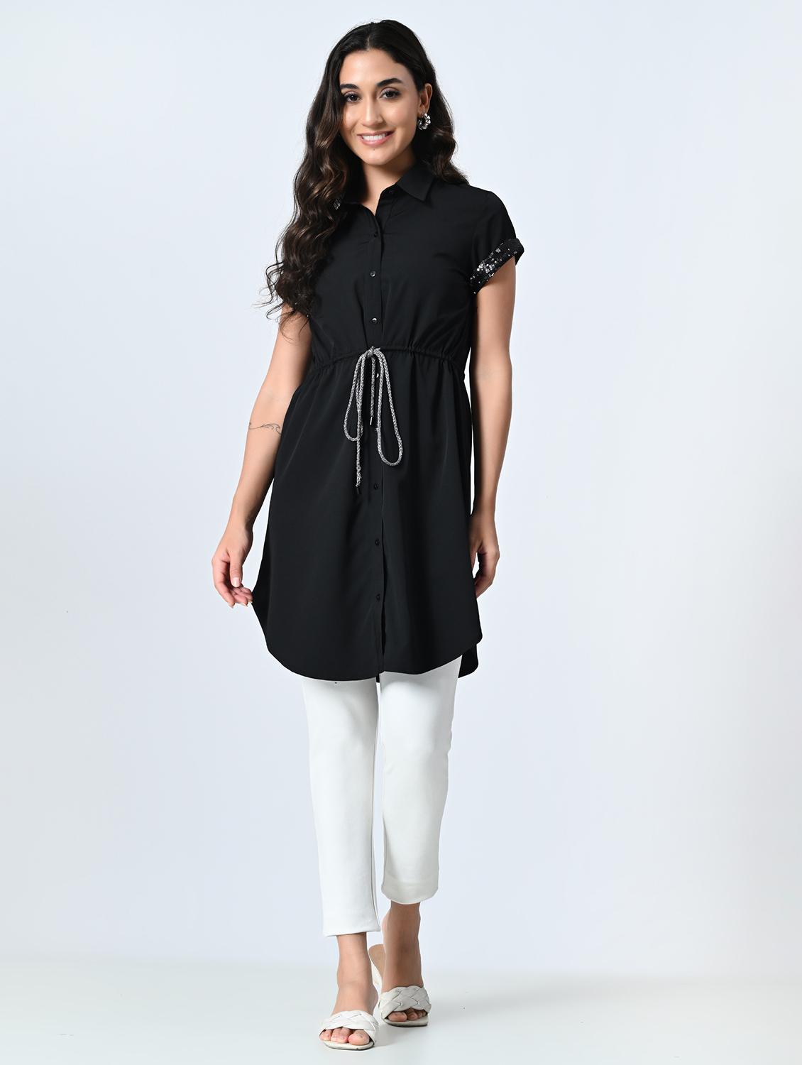 women black solid short sleeve a-line dress - 21931441 - Standard Image - 5
