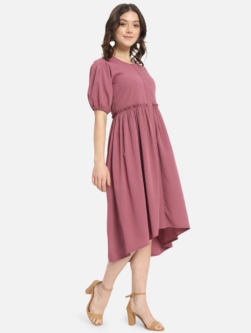 women solid puff sleeve high low dress - 21931443 - Standard Image - 3