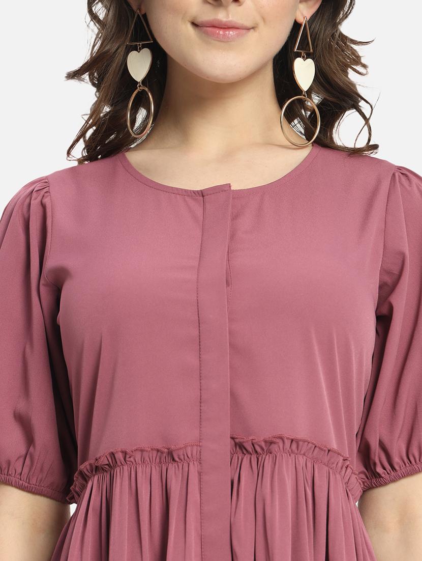 women solid puff sleeve high low dress - 21931443 - Standard Image - 5