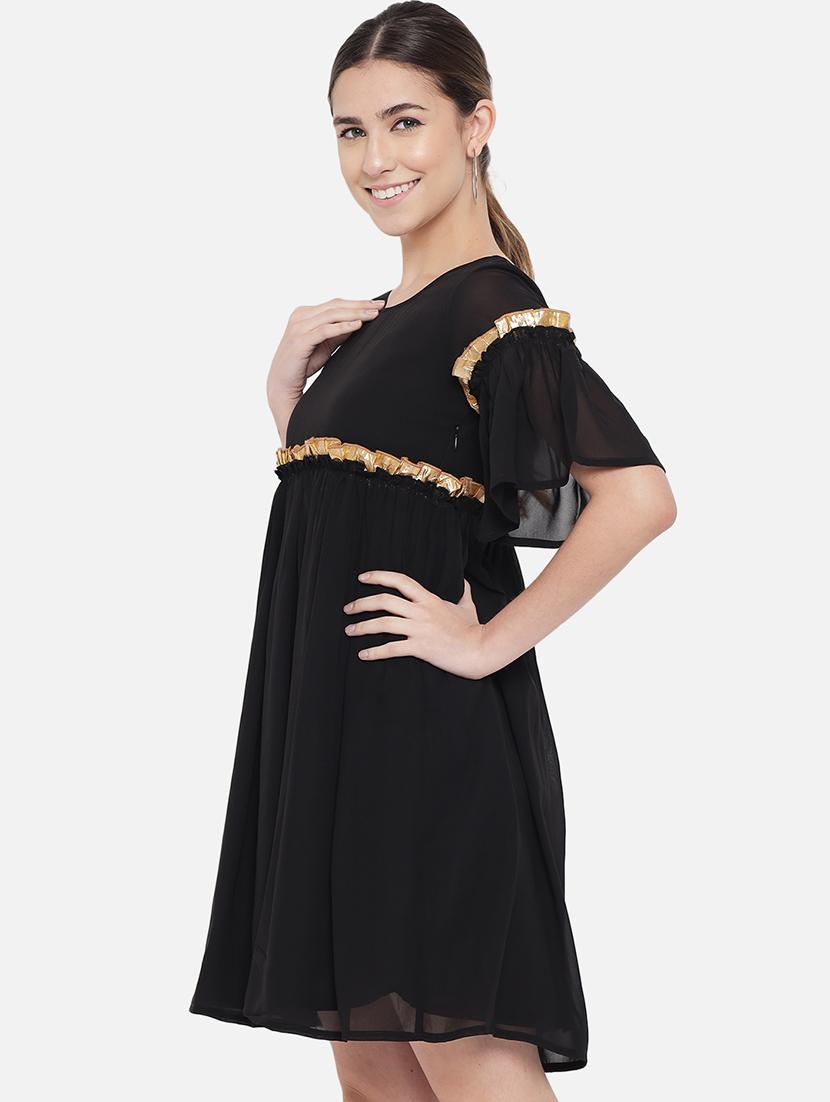 women black solid bell sleeve fit & flare dress - 21931445 - Standard Image - 3