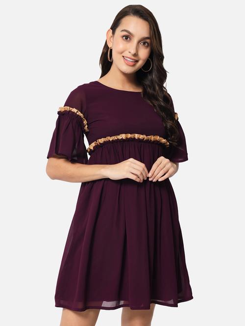 women purple solid bell sleeve fit & flared dress - 21931446 - Standard Image - 0