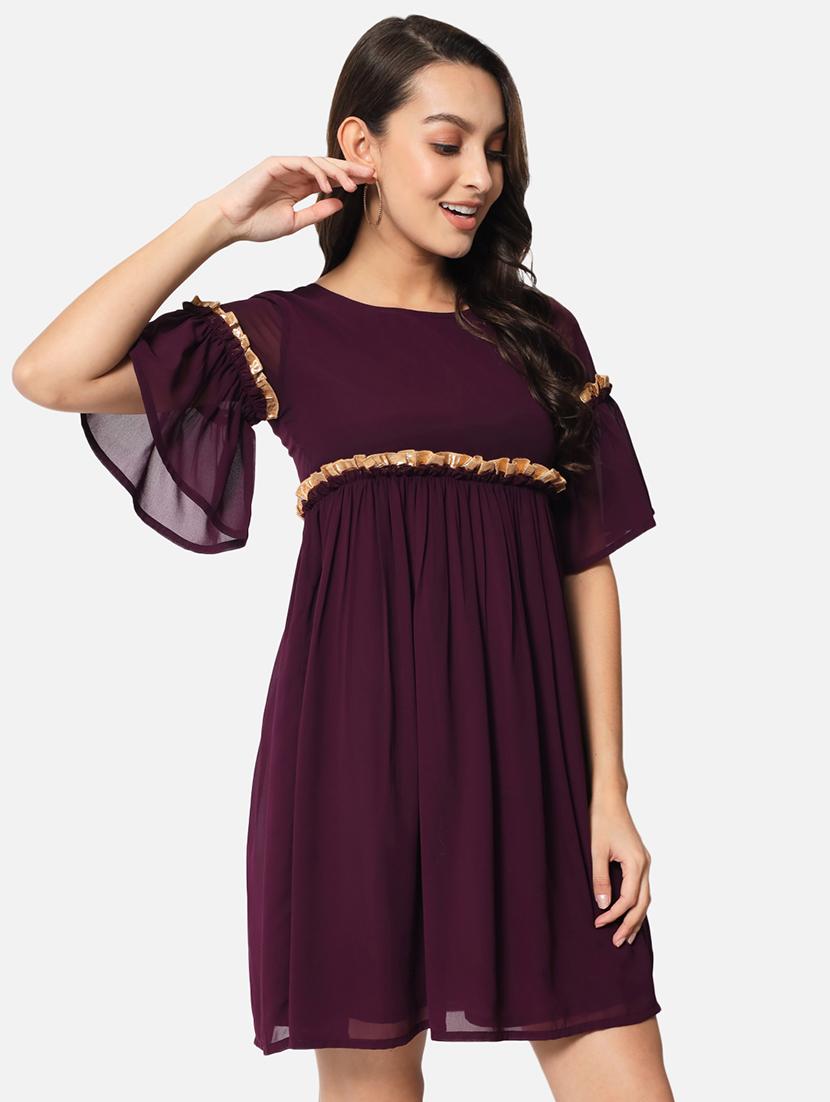 women purple solid bell sleeve fit & flared dress - 21931446 - Standard Image - 3