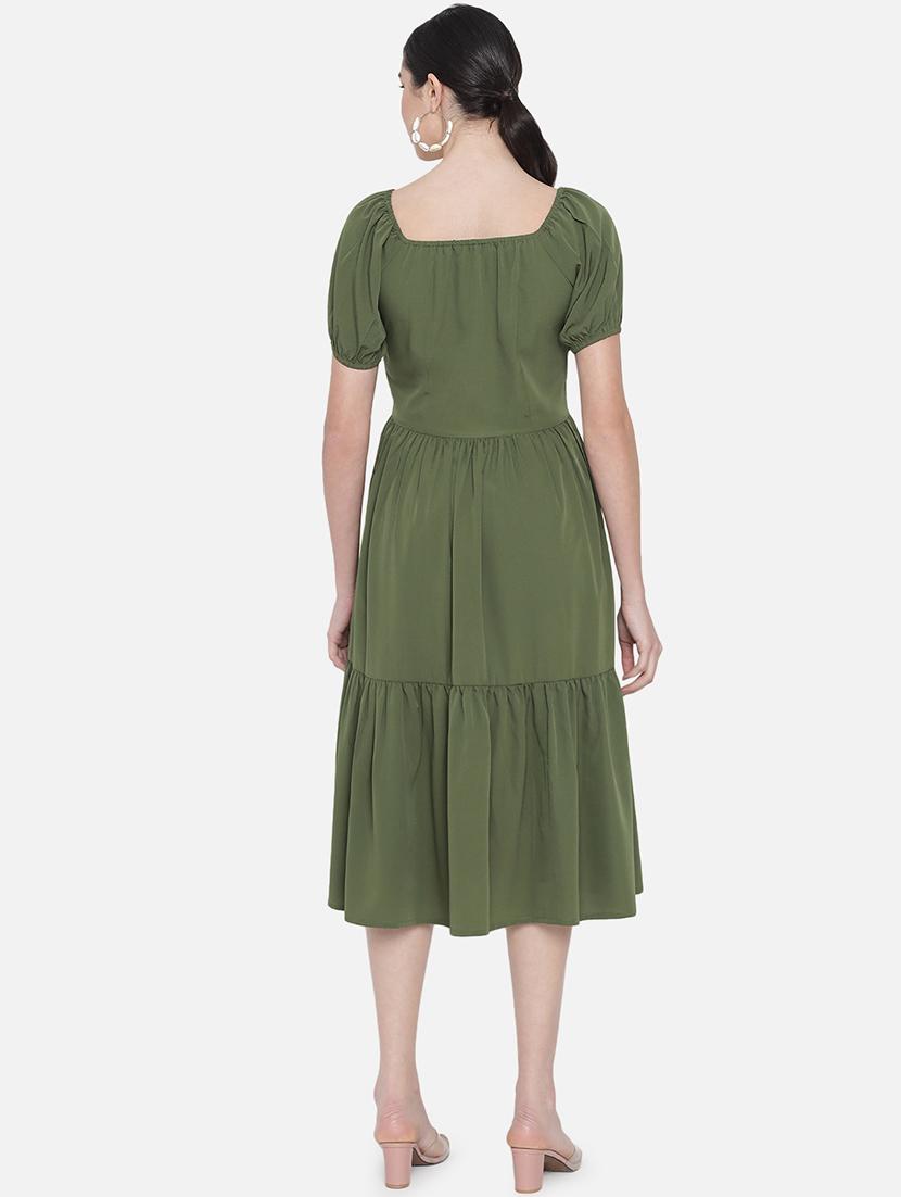 women olive solid puff sleeve tiered dress - 21931451 - Standard Image - 3