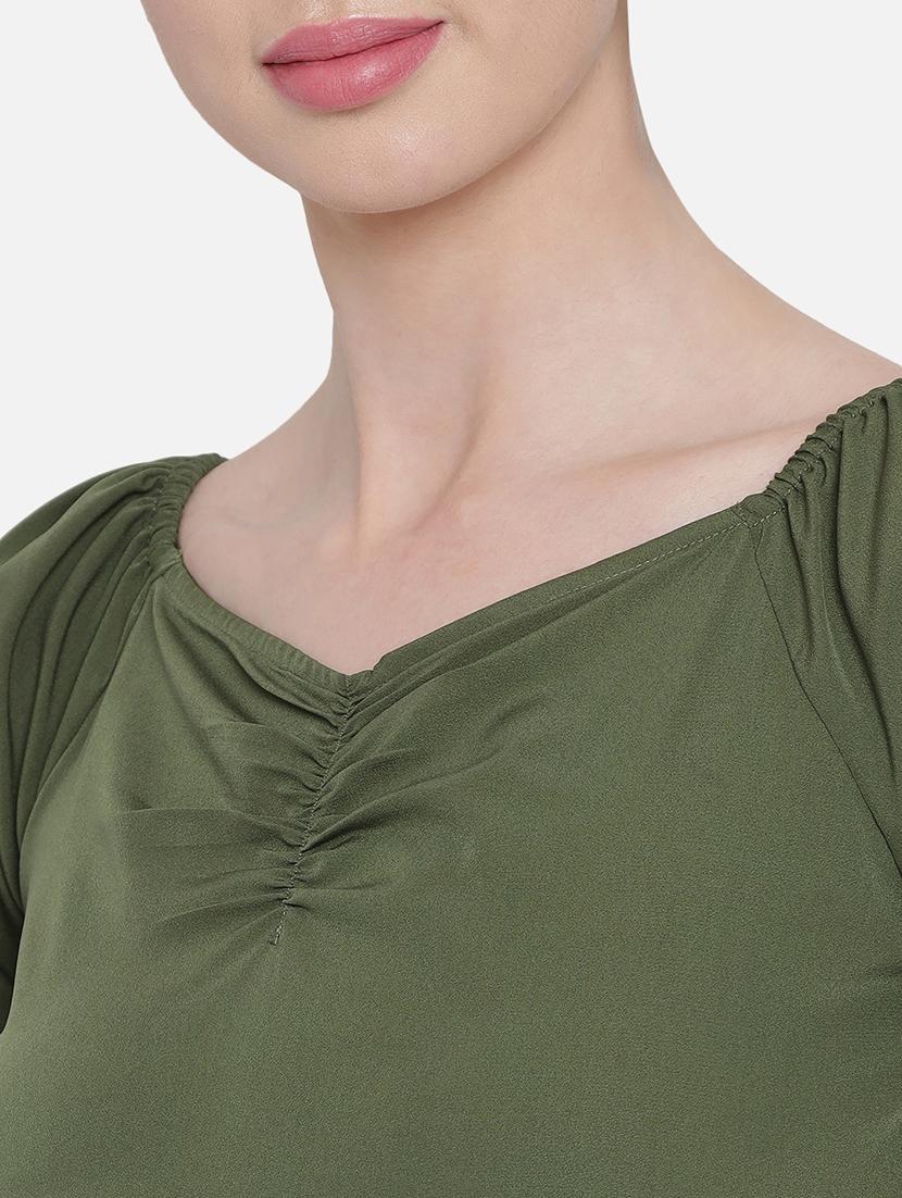 women olive solid puff sleeve tiered dress - 21931451 - Standard Image - 5