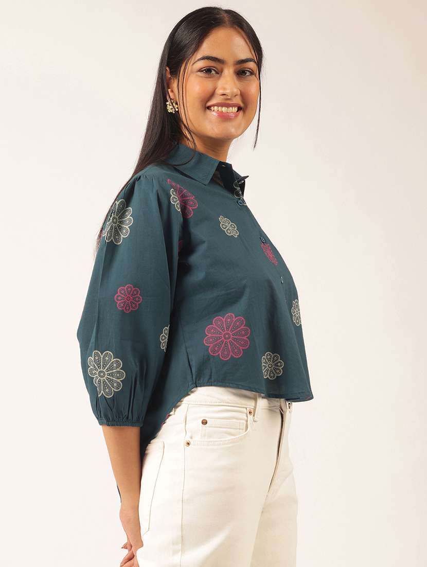 women embroidered three quarter sleeve high-low top - 21931538 -  Standard Image - 3