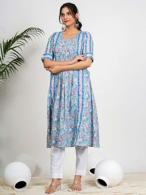 women light blue elbow sleeve a-line kurta - 21931561 - Standard Image - 0