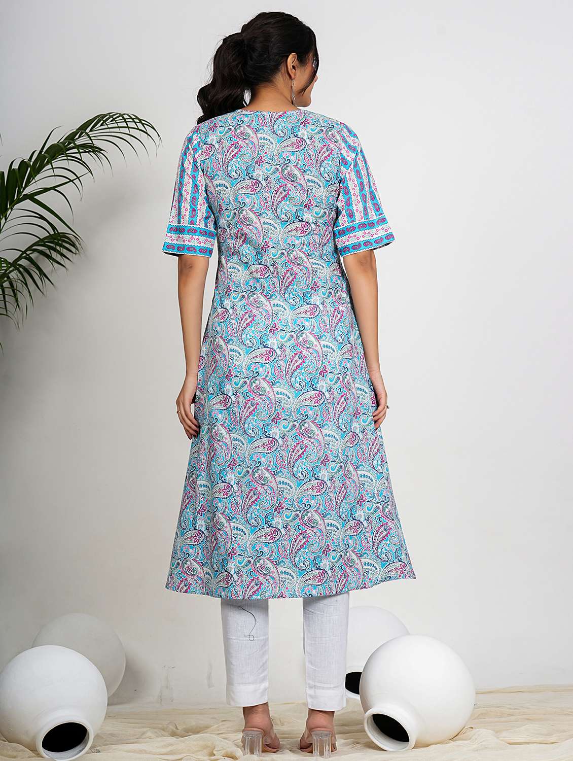 women light blue elbow sleeve a-line kurta - 21931561 - Standard Image - 3
