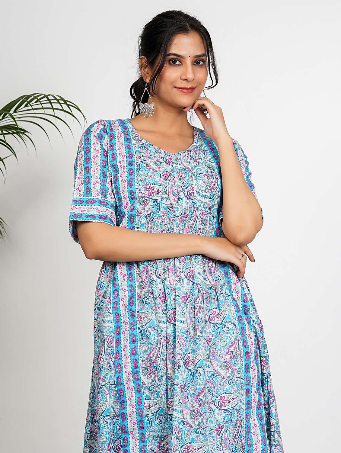 women light blue elbow sleeve a-line kurta - 21931561 - Standard Image - 5