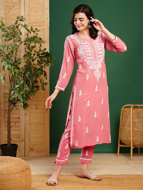 women chikankari long sleeve kurta pant set - 21931952 -  Standard Image - 0