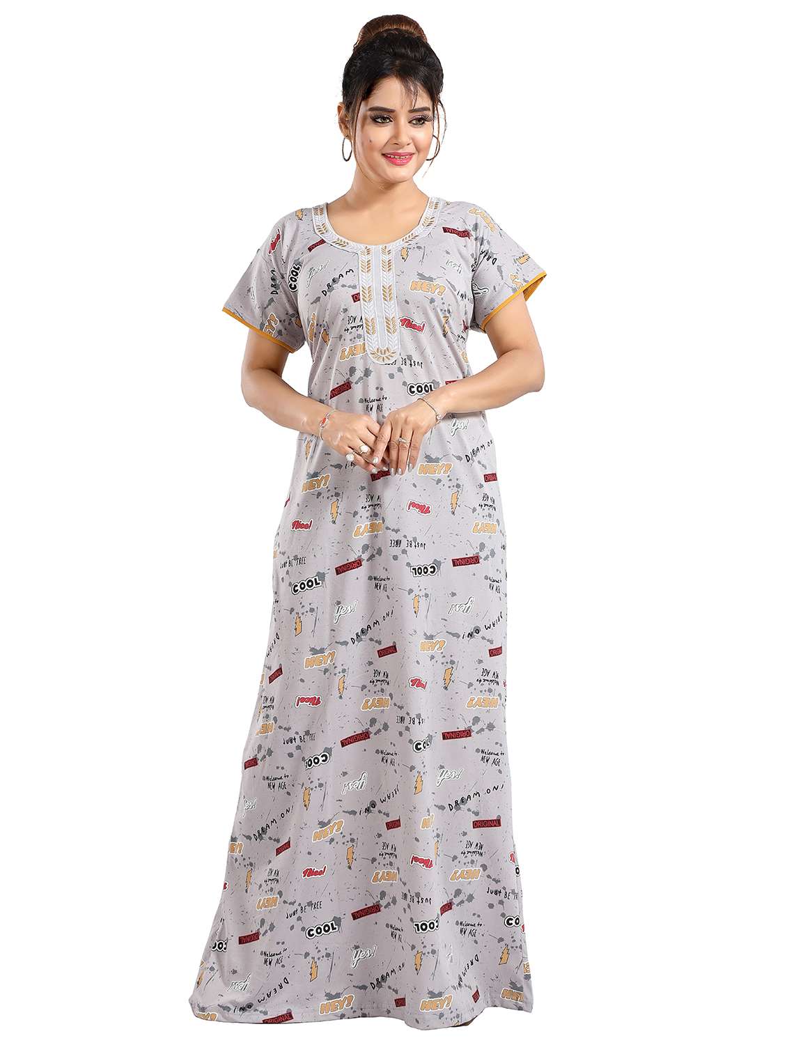 women printed short sleeves nighty